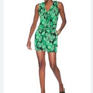 White House Black Market Ruffle Surplice Romper Orchid Palm Leaves Tropical